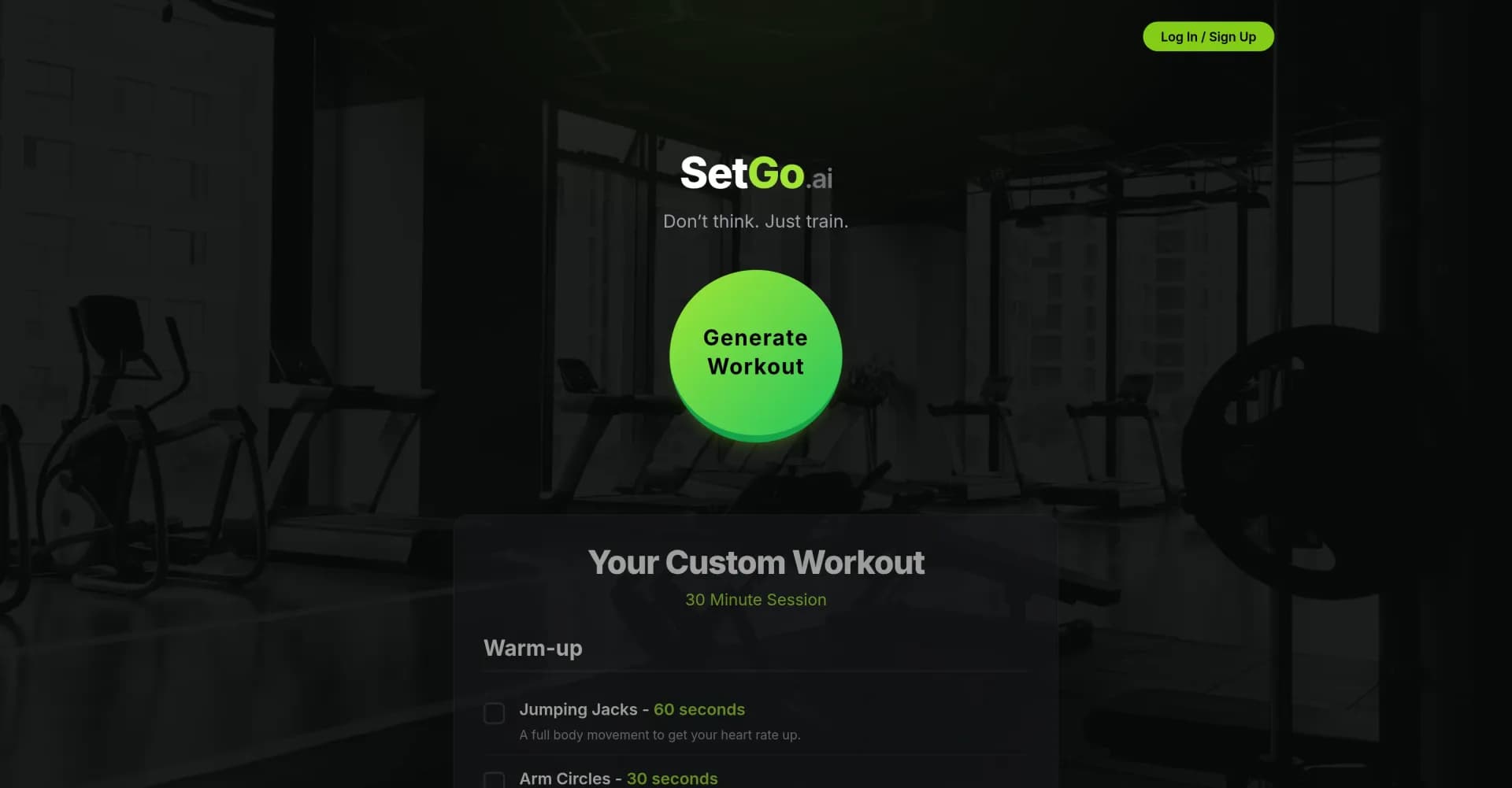 SetGo.ai homepage screenshot — Don't think. Just train.