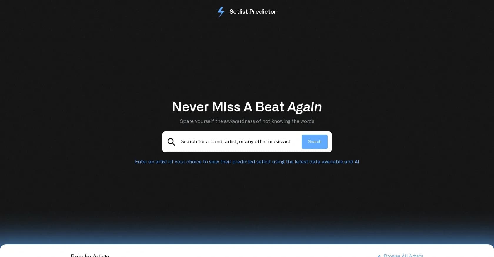 Setlist Predictor homepage screenshot — Predict concert setlists with AI