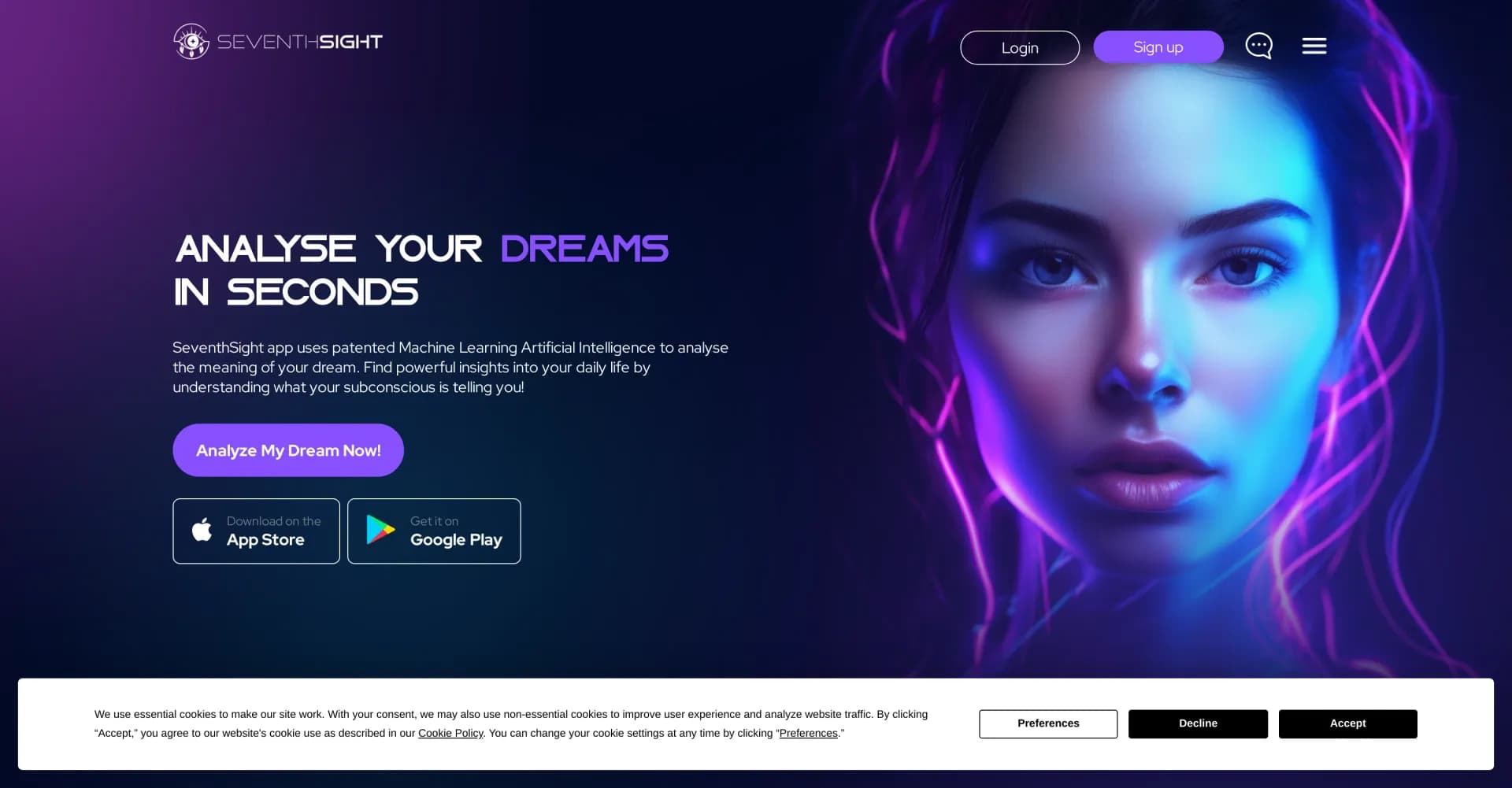 Seventh Sight homepage screenshot — Decode dreams with AI for personal insights.