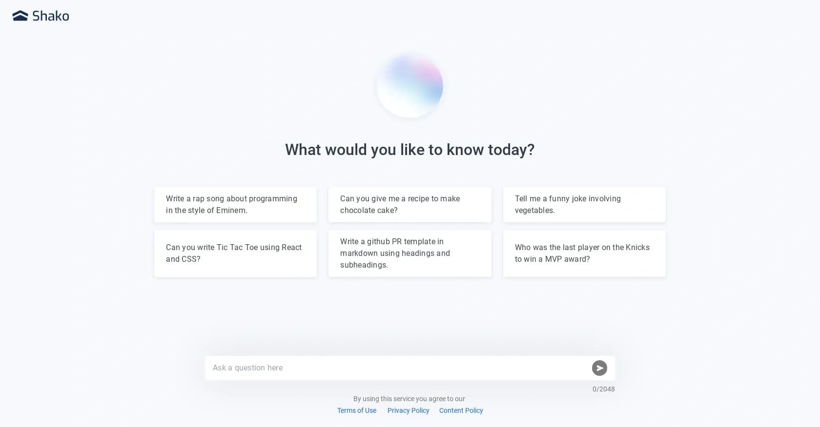 Shako homepage screenshot — Your personal AI assistant for any question.