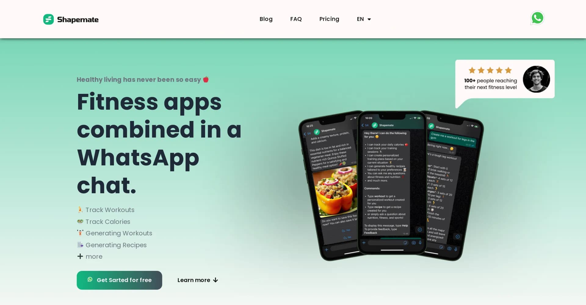 Shapemate homepage screenshot — Fitness apps combined in a WhatsApp chat.