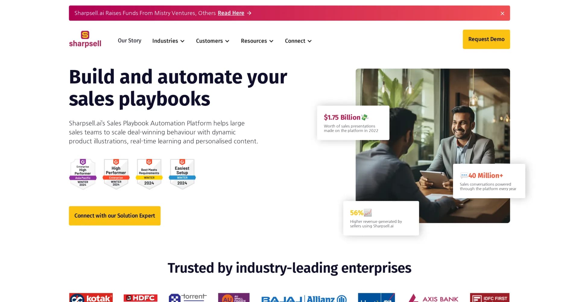 Sharpsell homepage screenshot — Scale deal-winning behavior with automated sales playbooks