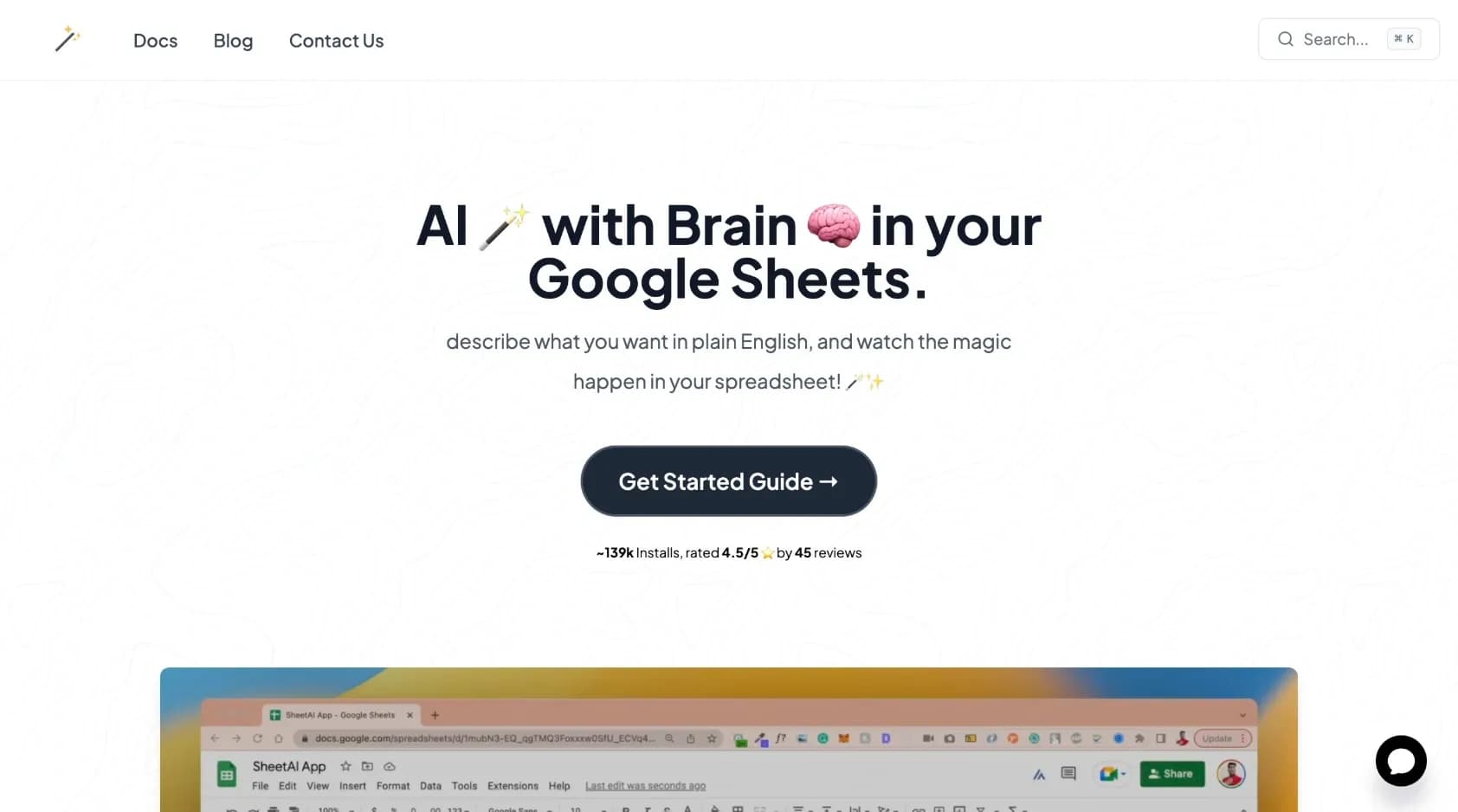 SheetAI App - AI For Sheets homepage screenshot — AI with brain power inside Google Sheets