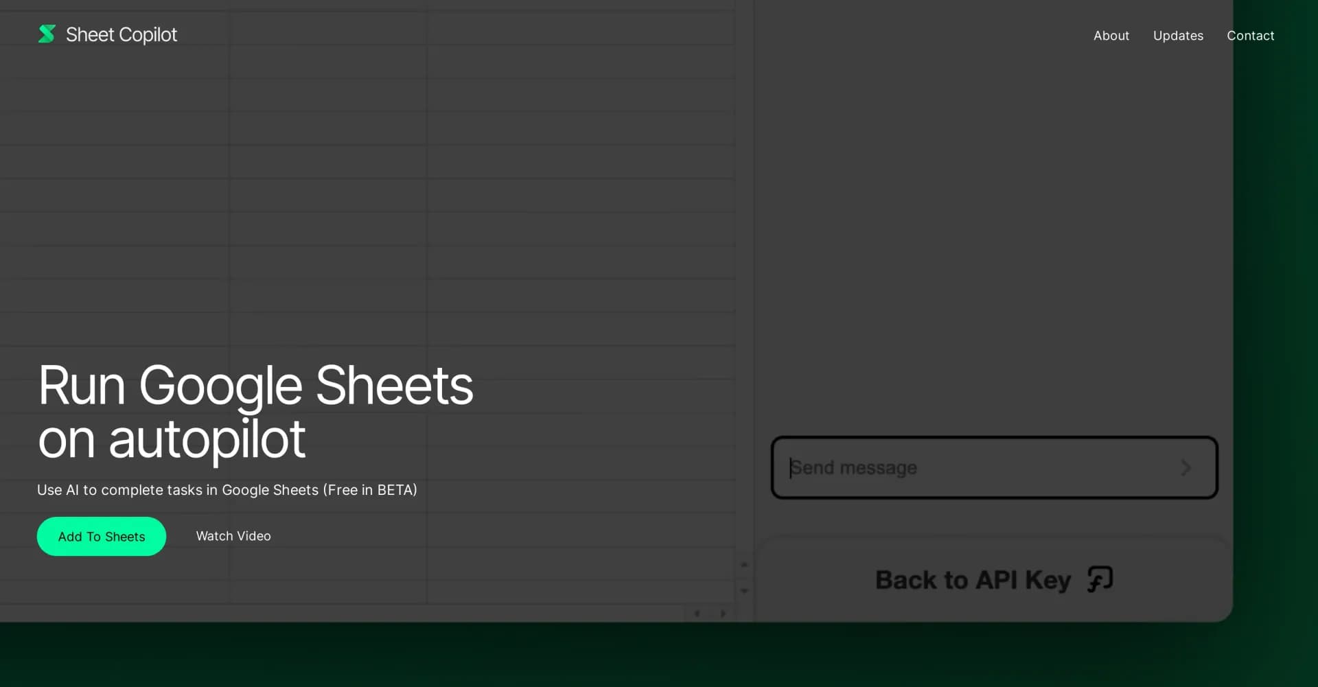 Sheet Copilot homepage screenshot — Run Google Sheets on autopilot with AI
