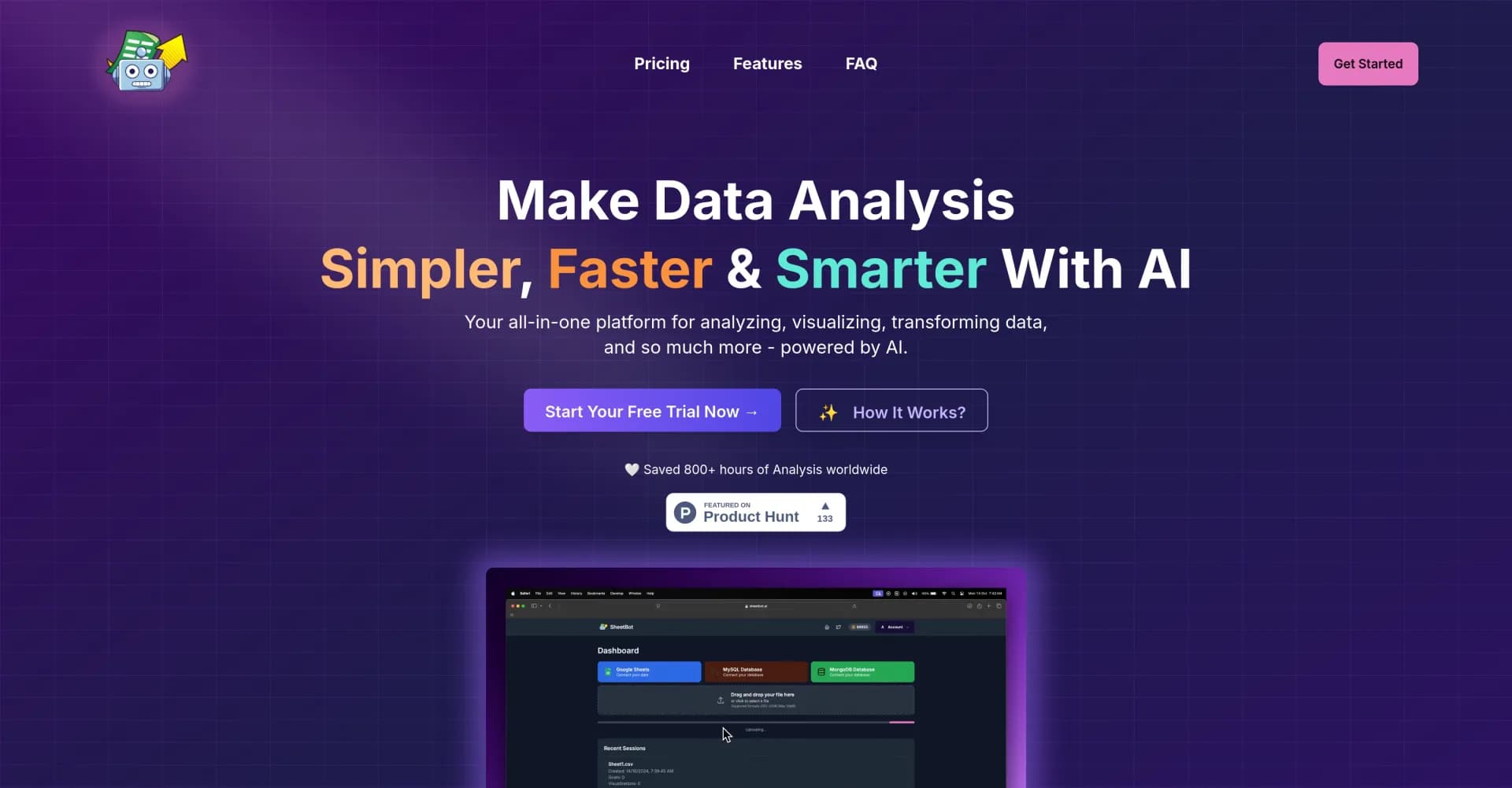 SheetBot AI homepage screenshot — AI-powered data analysis, zero code required.