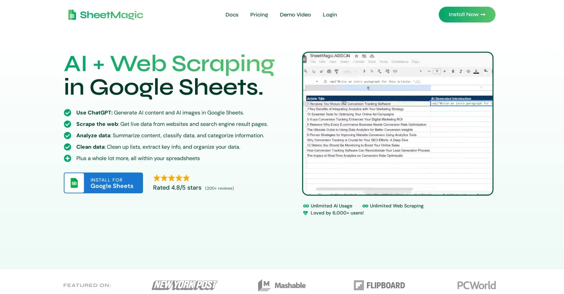 SheetMagic homepage screenshot — Supercharge Google Sheets with AI and web scraping
