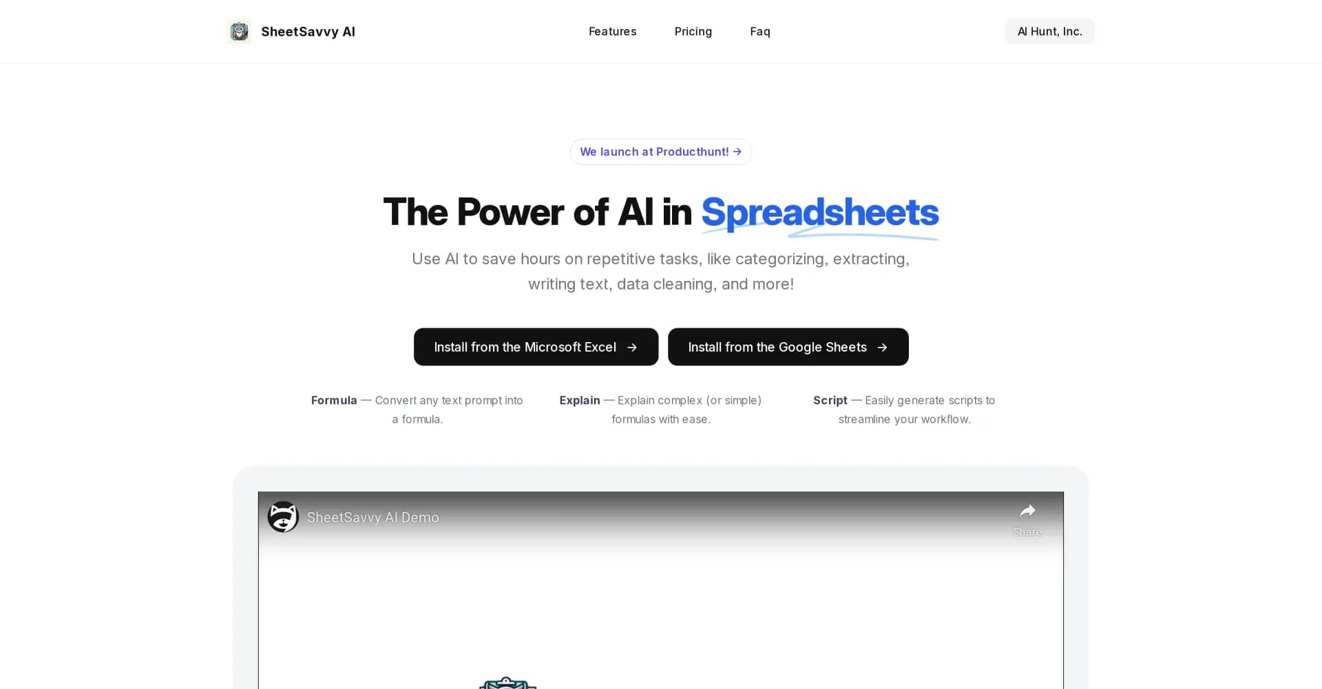 SheetSavvy AI homepage screenshot — Save hours on repetitive spreadsheet tasks with AI.