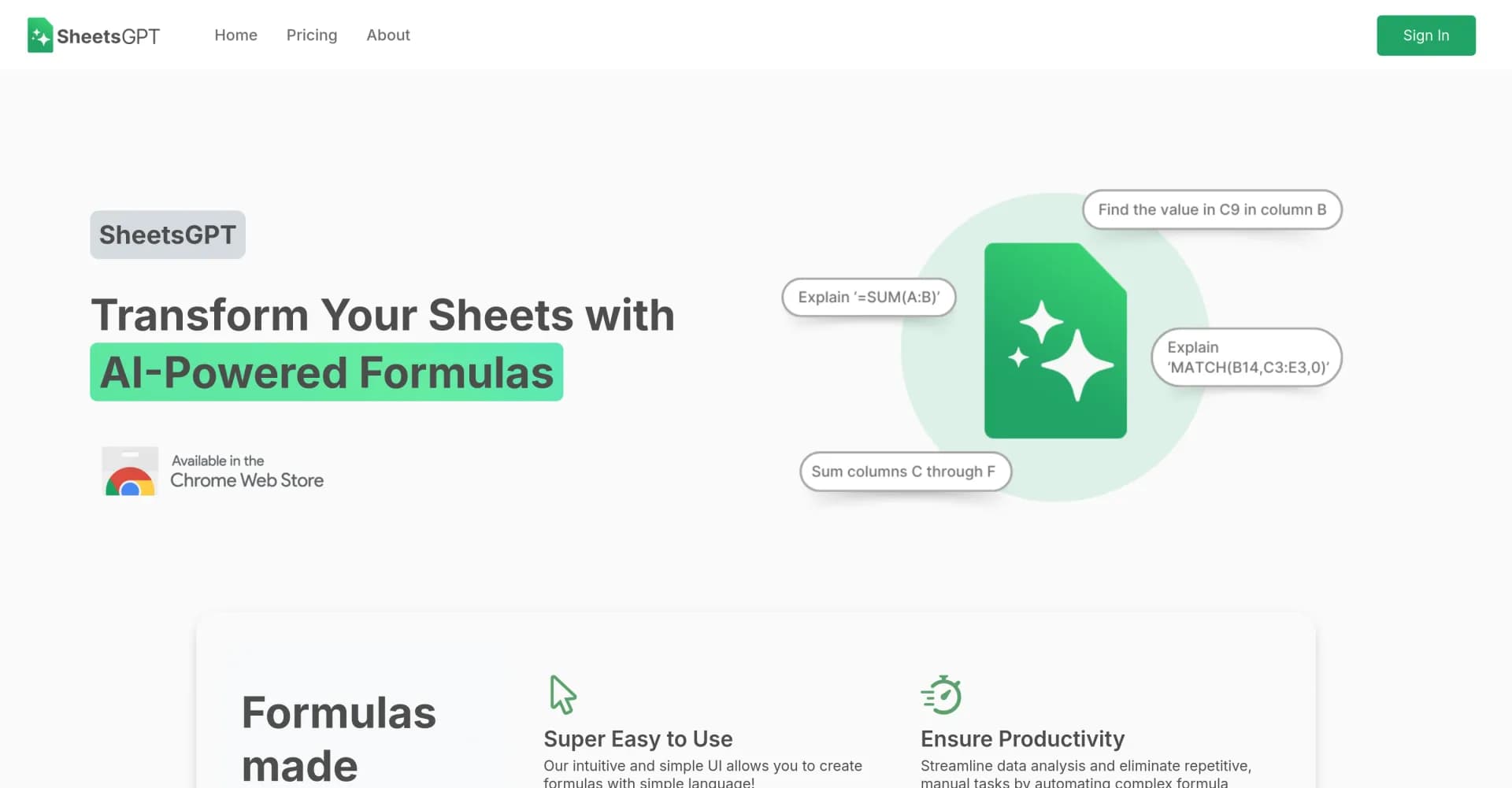 SheetsGPT homepage screenshot — Transform sheets with AI-powered formulas