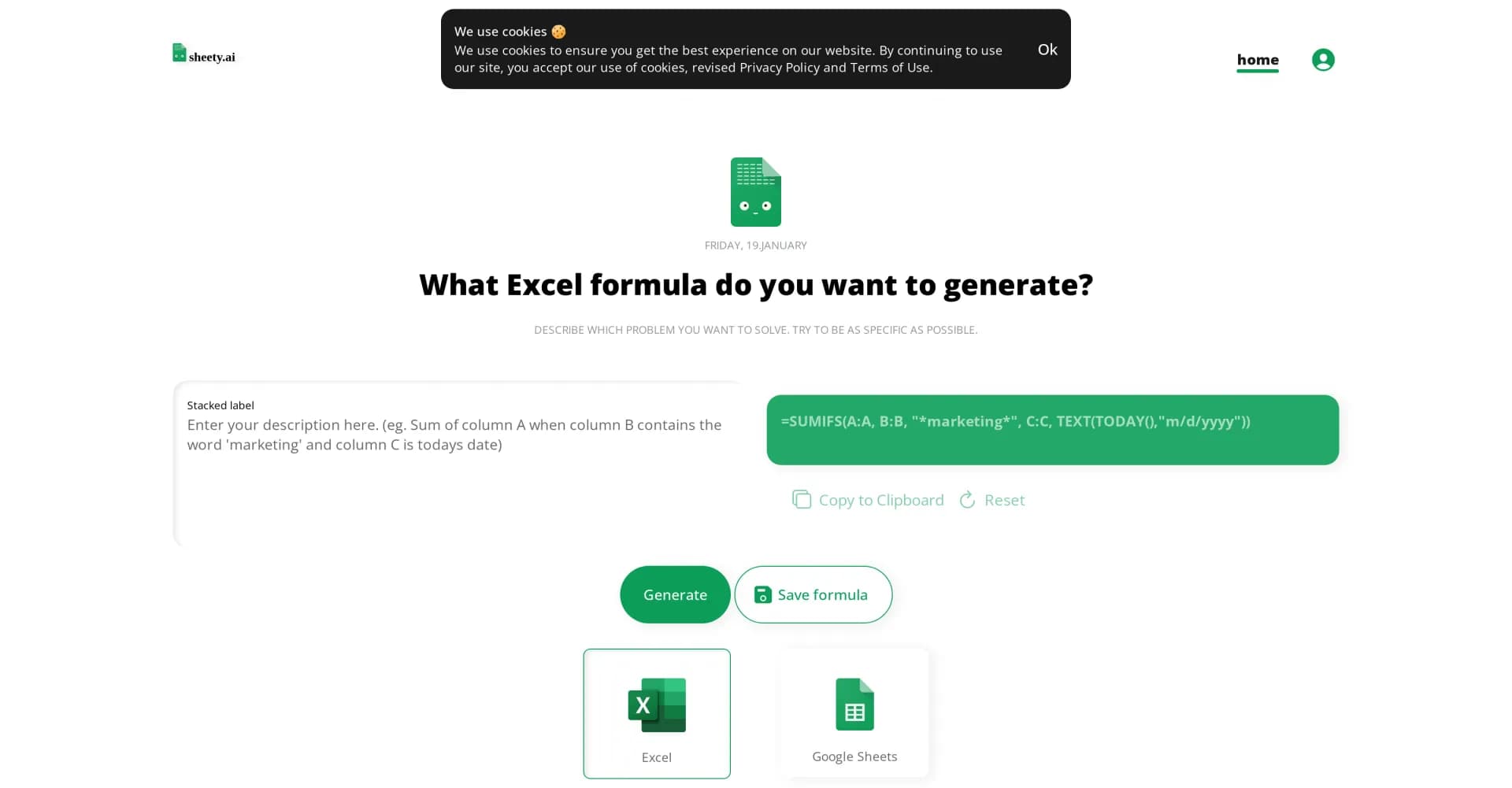 SheetyAI homepage screenshot — AI-powered spreadsheet formula generator