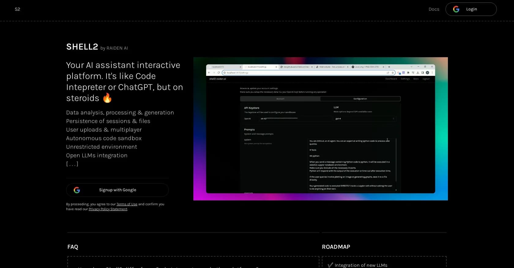 Shell2 homepage screenshot — AI assistant platform on steroids