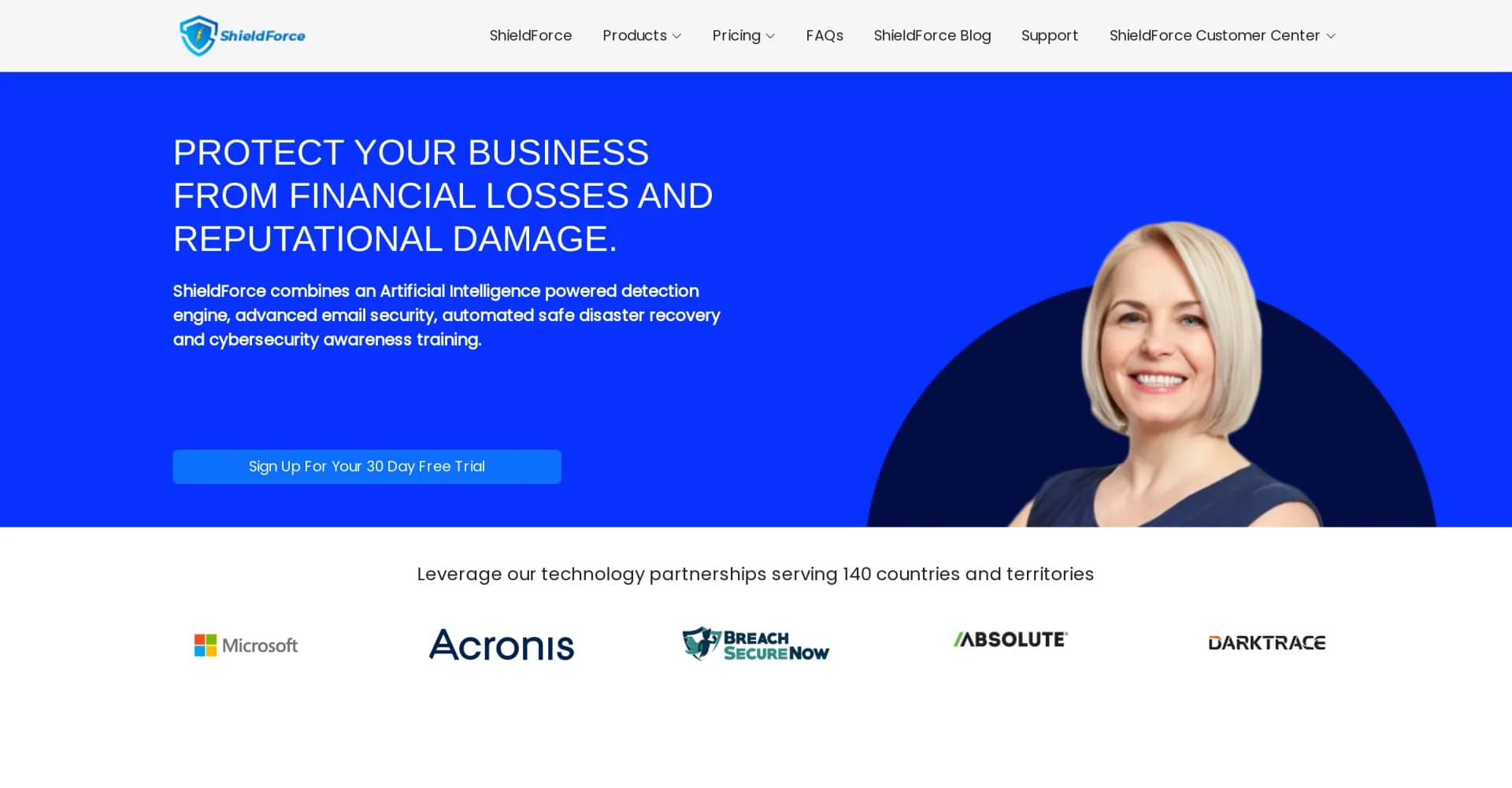 ShieldForce homepage screenshot — AI-powered cybersecurity for enhanced protection.