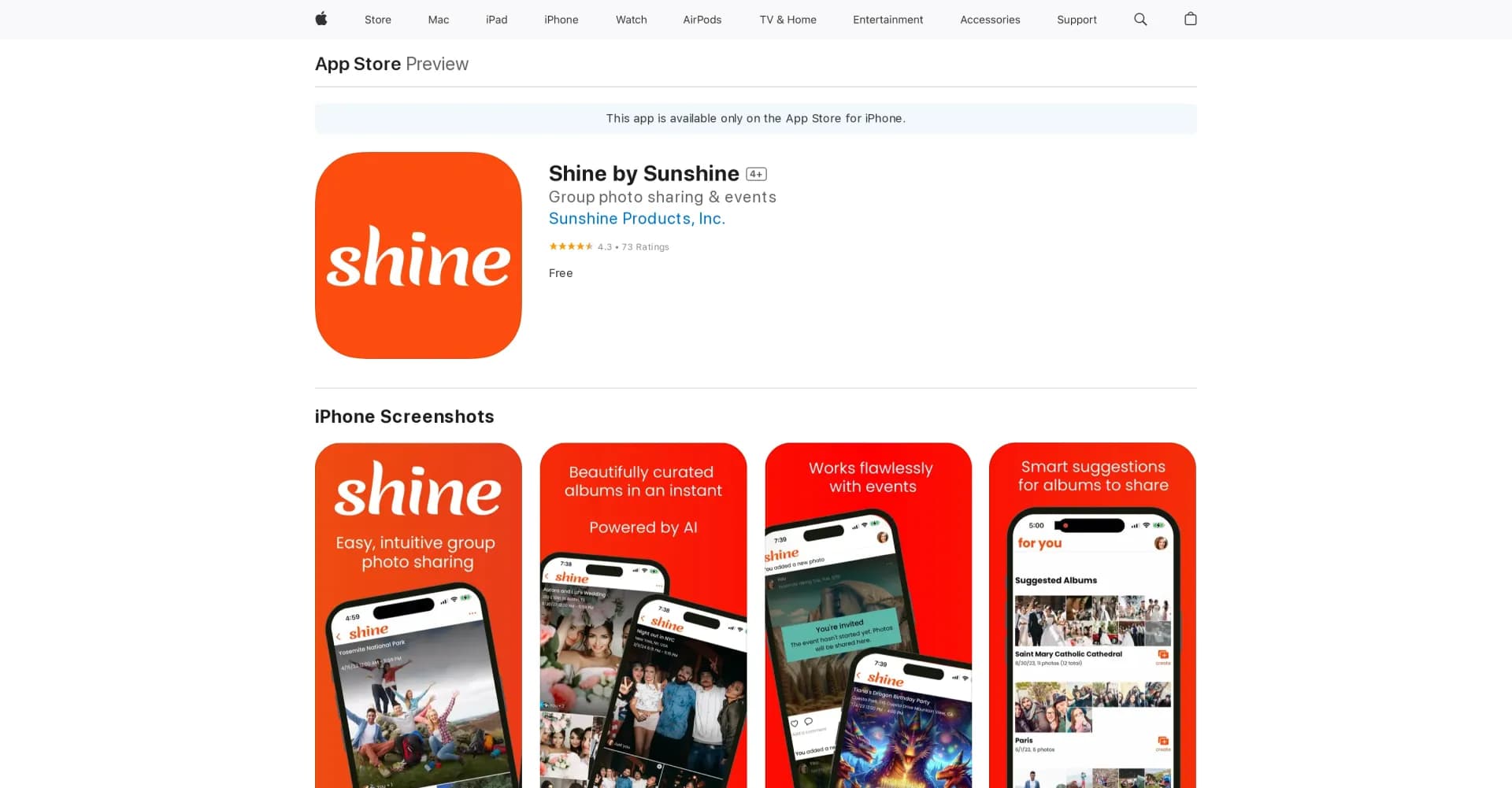 Shine by Sunshine homepage screenshot — Group photo sharing & events made easy.