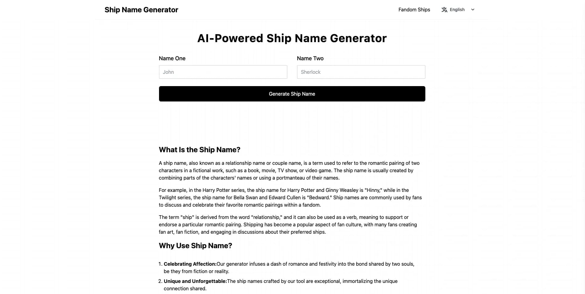Ship Name Generator homepage screenshot — Create unique and creative names for couples or duos.