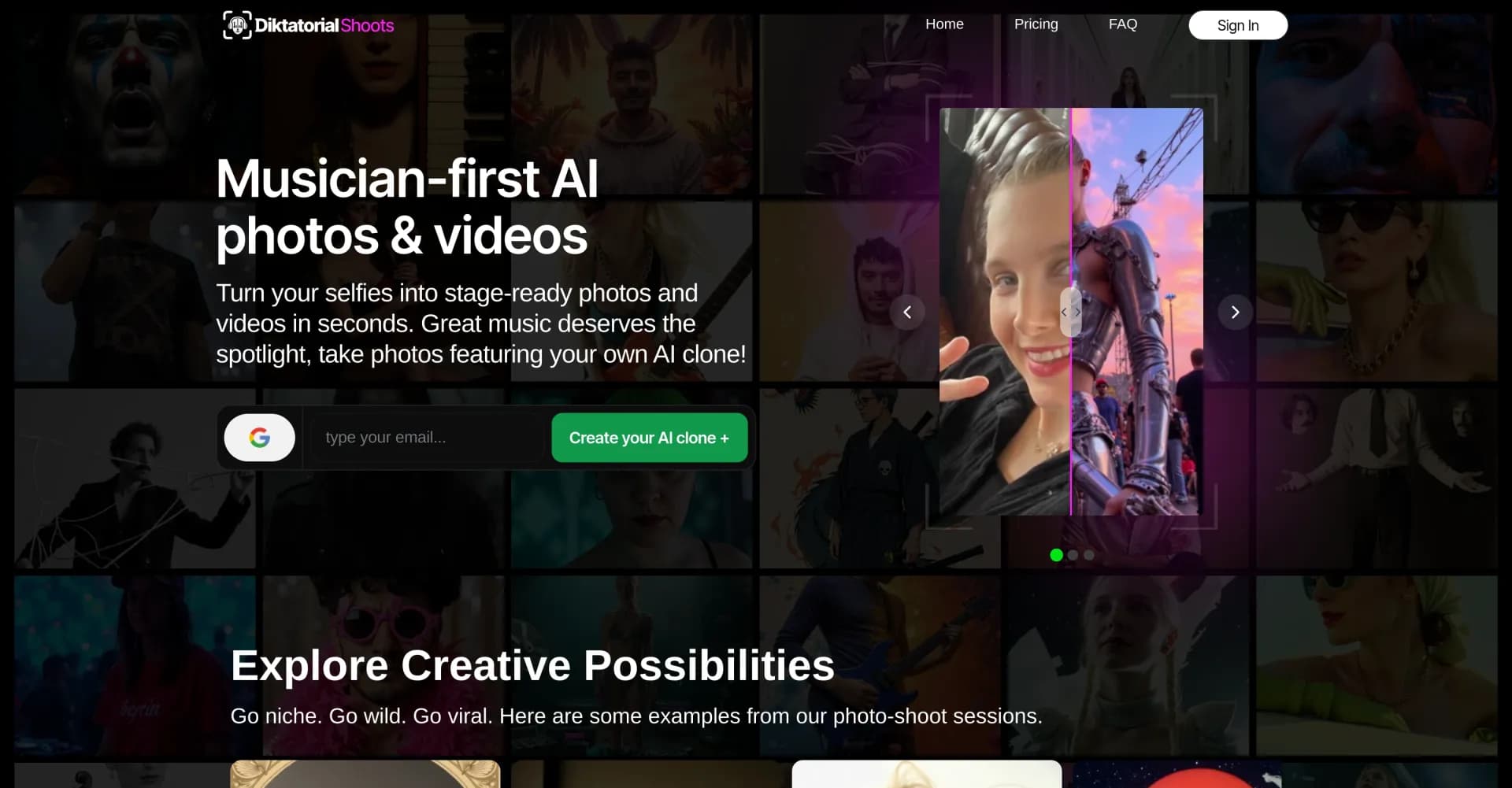 Shoots by Diktatorial homepage screenshot — Transform selfies into artistic AI photos and videos. Fine-t