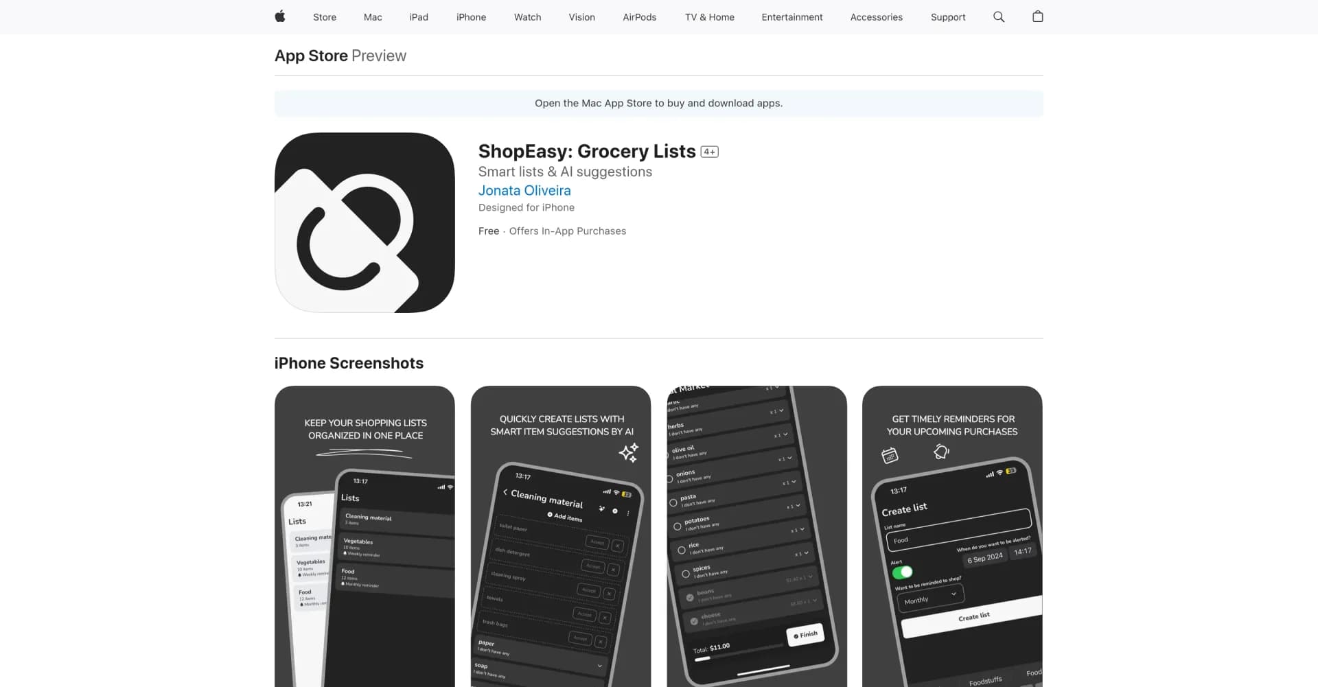 ShopEasy: Grocery Lists homepage screenshot — Simplify grocery shopping with clean, minimalist lists.
