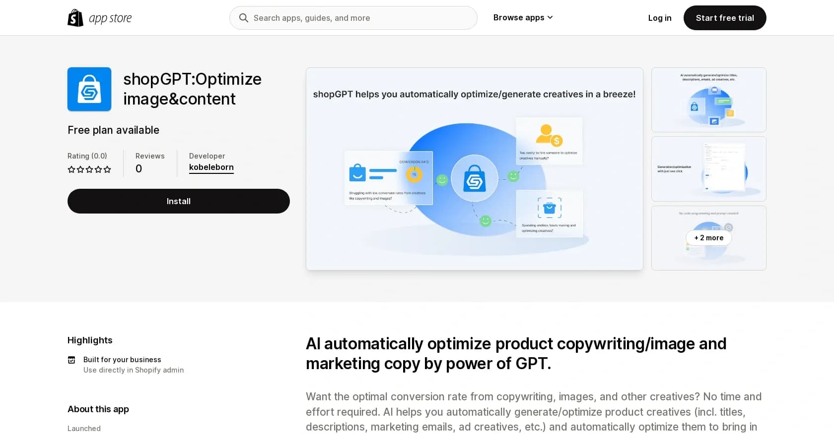 shopGPT homepage screenshot — AI-powered image and content optimization for Shopify
