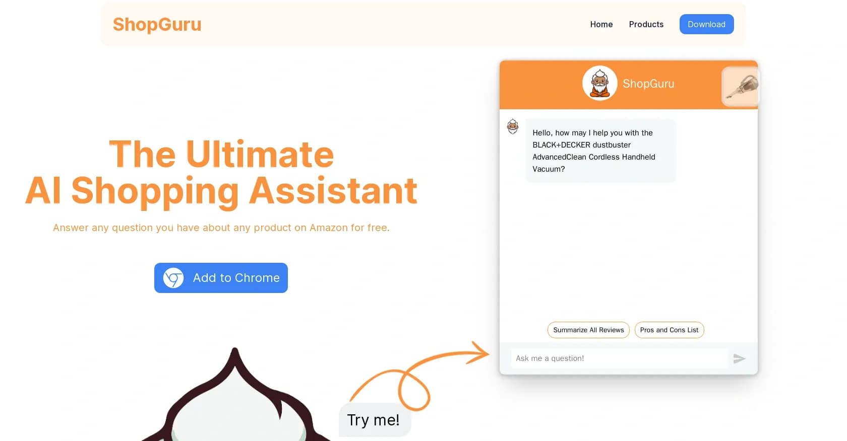 ShopGuru homepage screenshot — The ultimate AI shopping assistant for Amazon