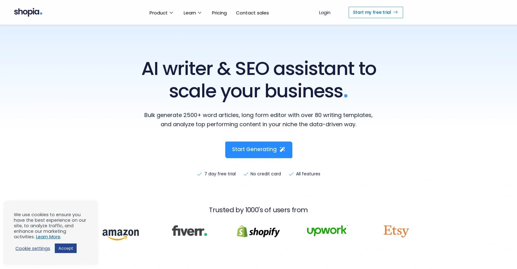 Shopia homepage screenshot — AI-powered SEO and marketing content generation.