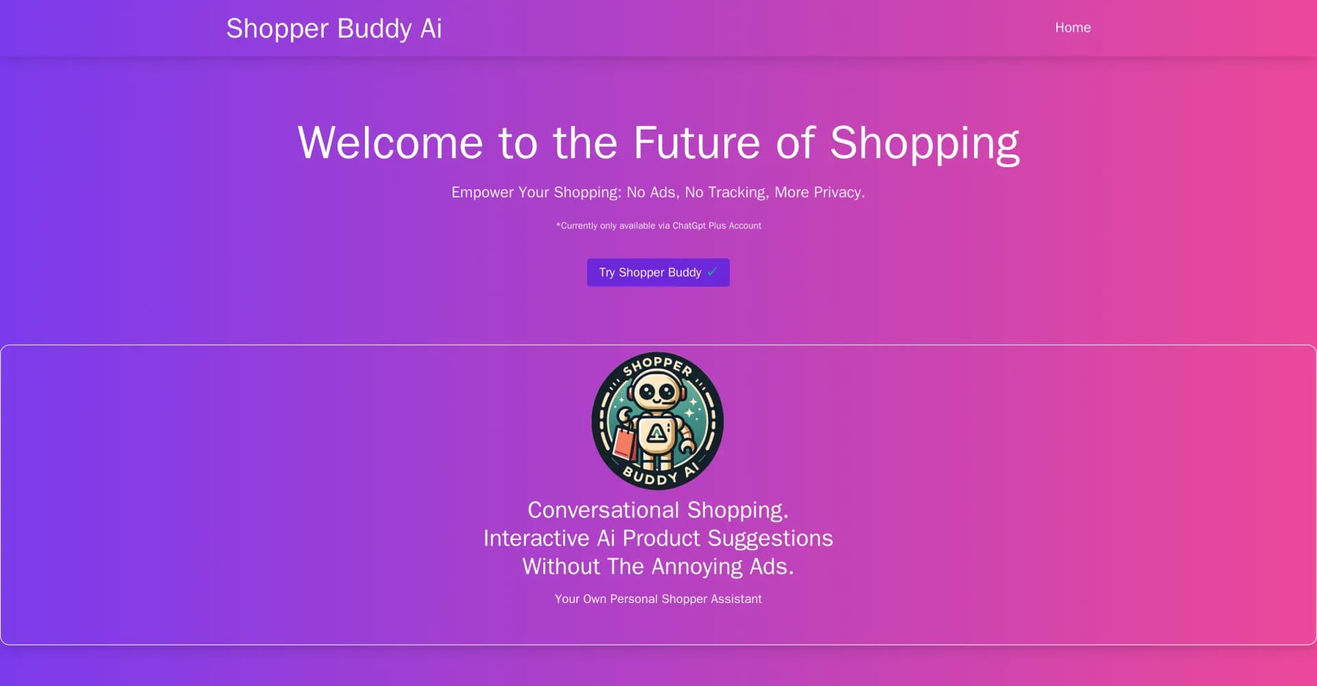 Shopper Buddy homepage screenshot — Conversational shopping: AI recommendations without ads.