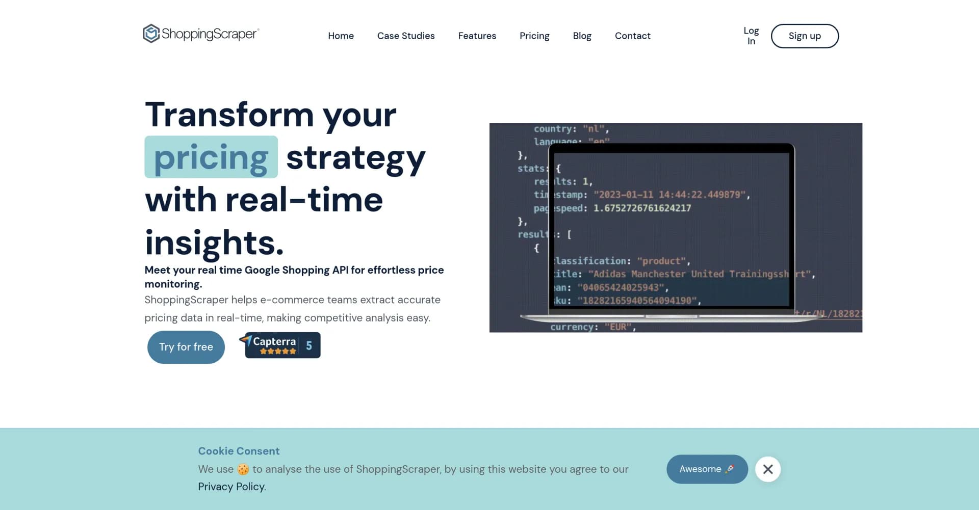 ShoppingScraper homepage screenshot — Transform pricing strategy with real-time insights.