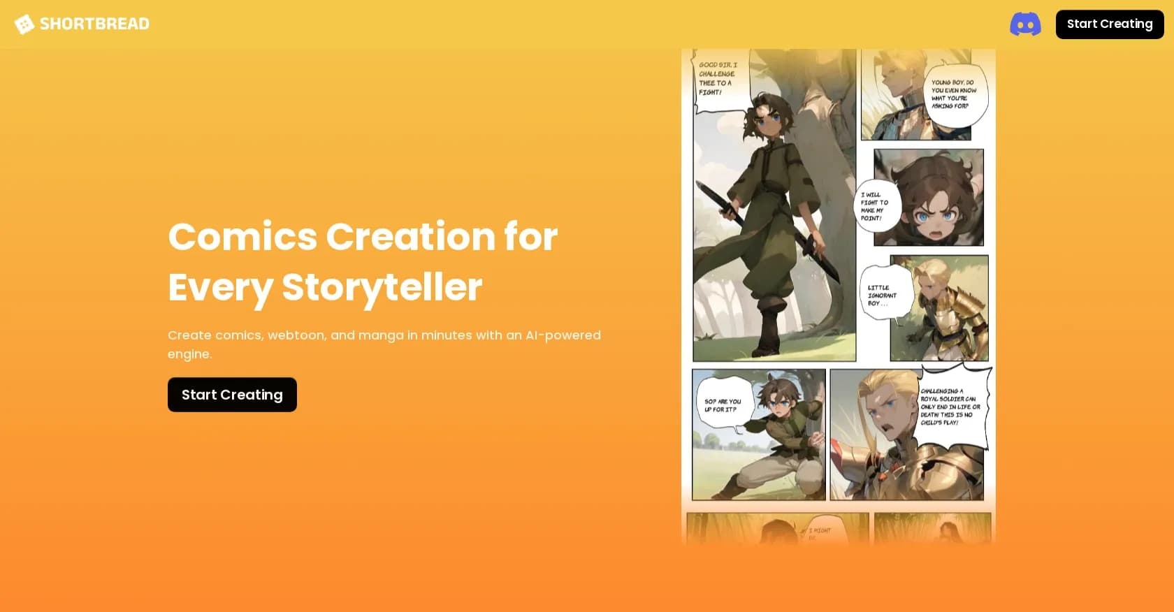 Shortbread homepage screenshot — Create AI-powered comics in minutes.