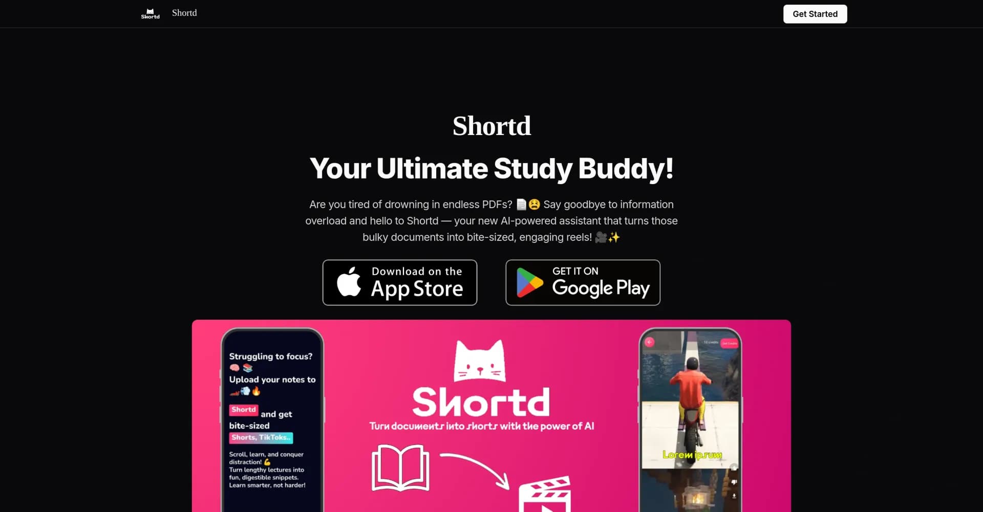 Shortd.io homepage screenshot — Transform bulky PDFs into bite-sized study reels.