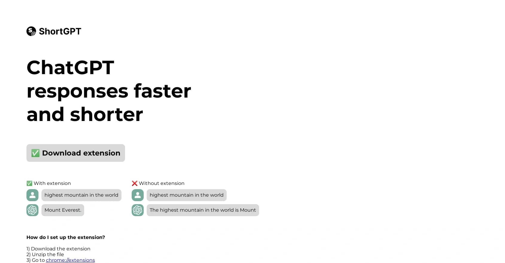 ShortGPT homepage screenshot — Faster, concise ChatGPT responses.