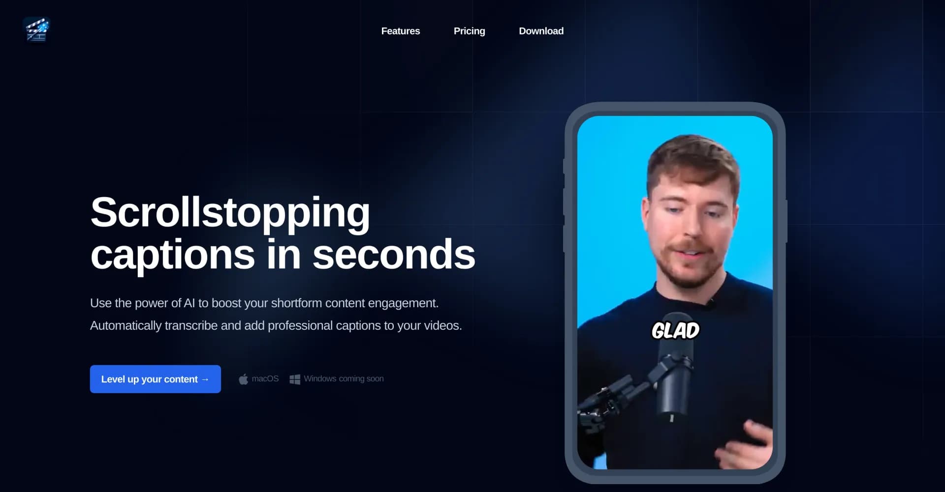 ShortMagic homepage screenshot — AI-powered captions for engaging shortform videos.