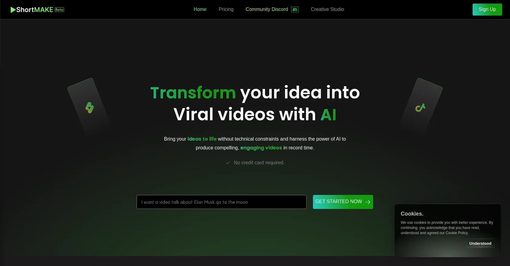 Shortmakev2.5 homepage screenshot — Fast viral video generation and editing.