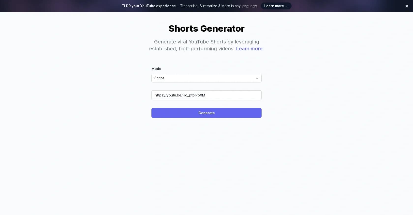 Shorts Generator homepage screenshot — Turn popular videos into viral YouTube Shorts.