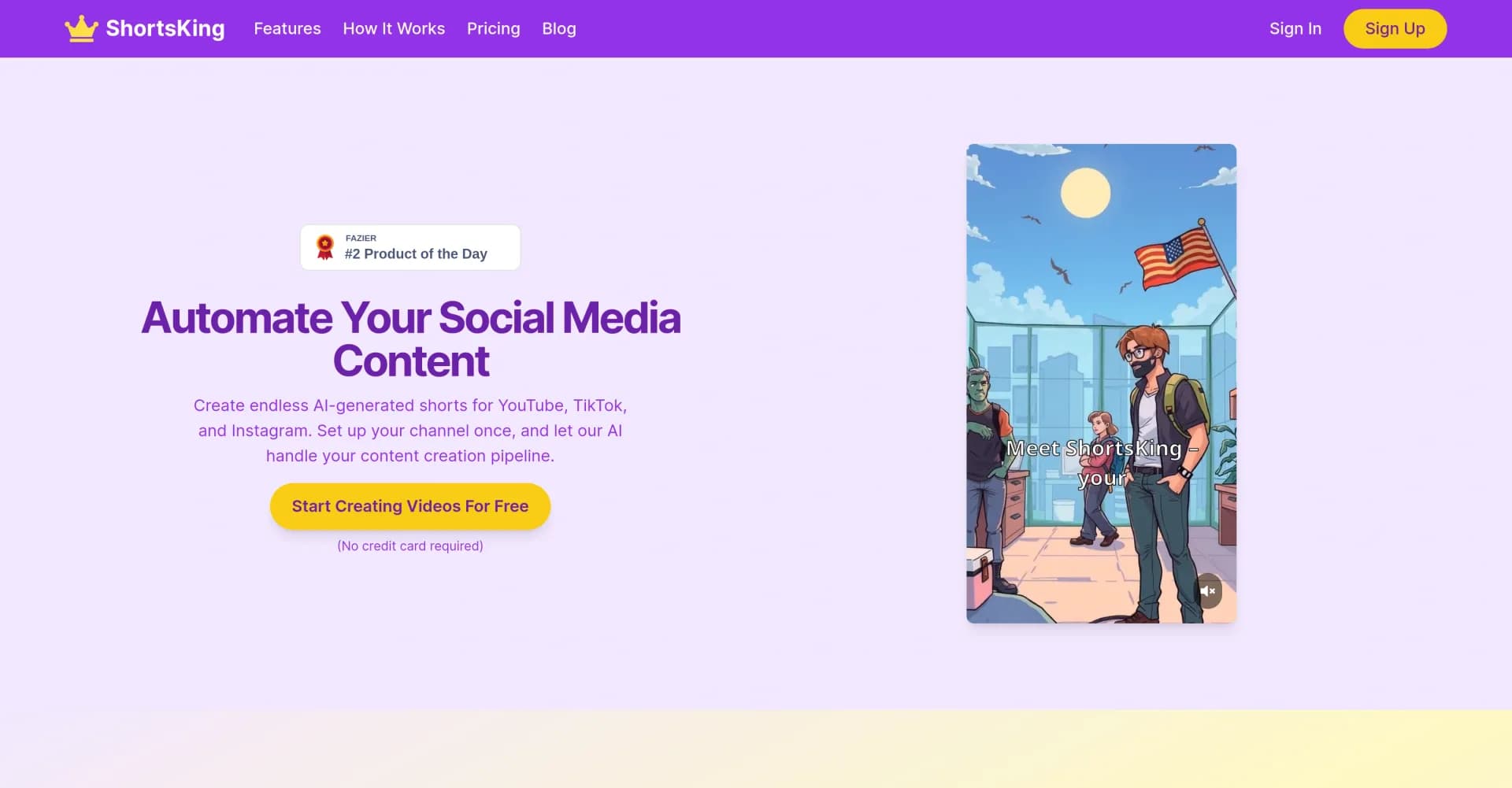 ShortsKing homepage screenshot — Automate AI-generated shorts for social media