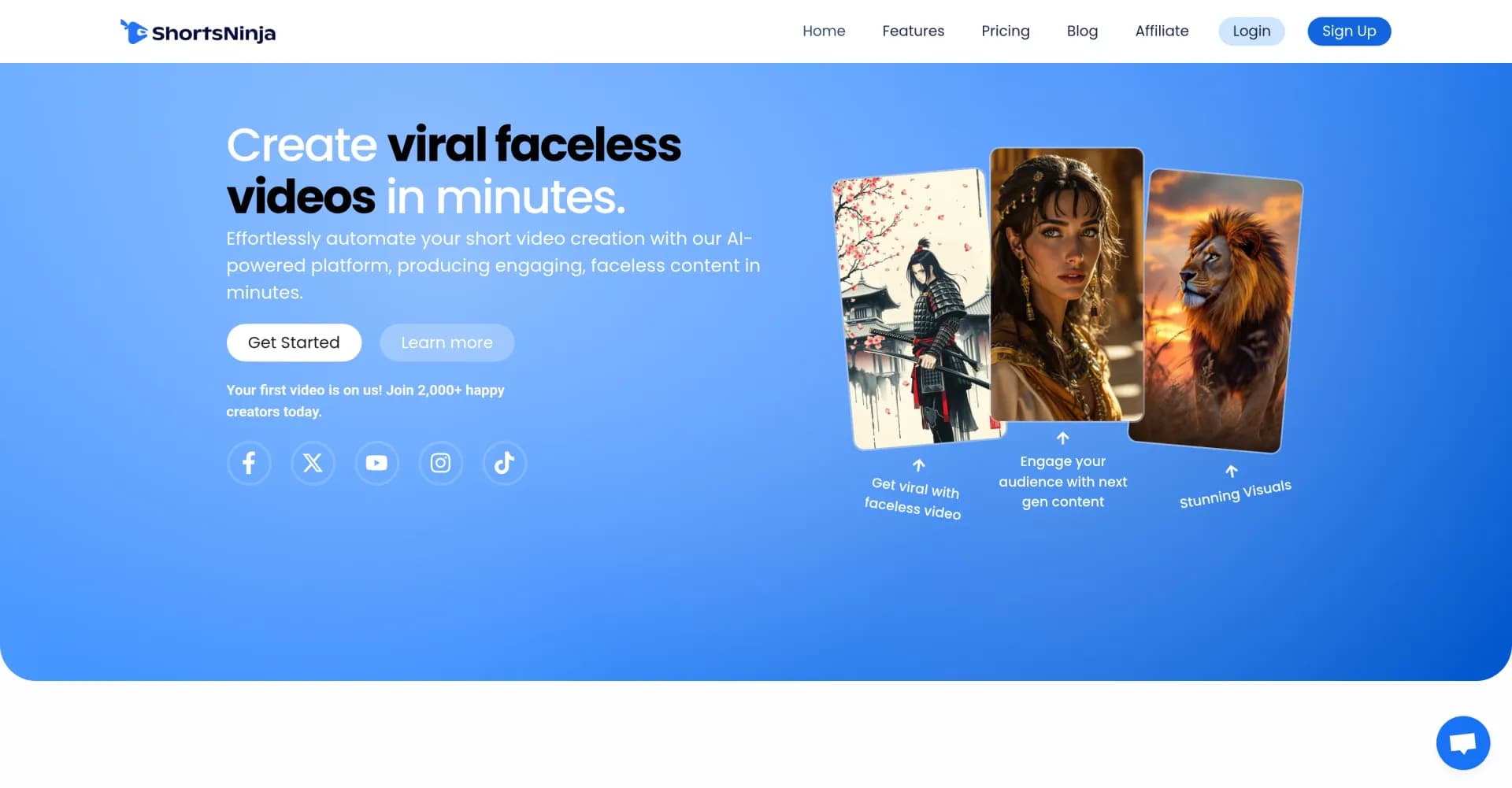 ShortsNinja homepage screenshot — Create viral faceless videos in minutes.