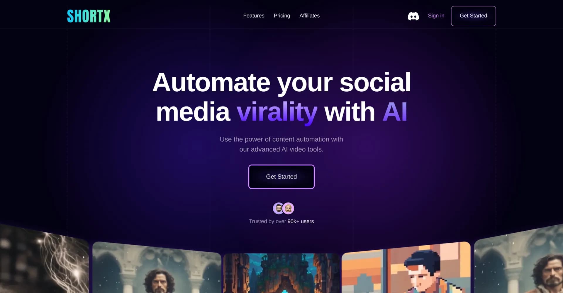 ShortX.ai homepage screenshot — Automate viral social media content with AI
