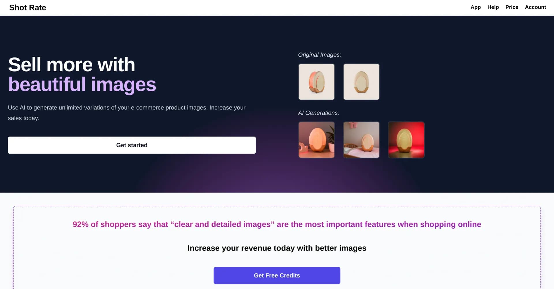 Shotrate homepage screenshot — Generate unlimited AI product images to boost sales.