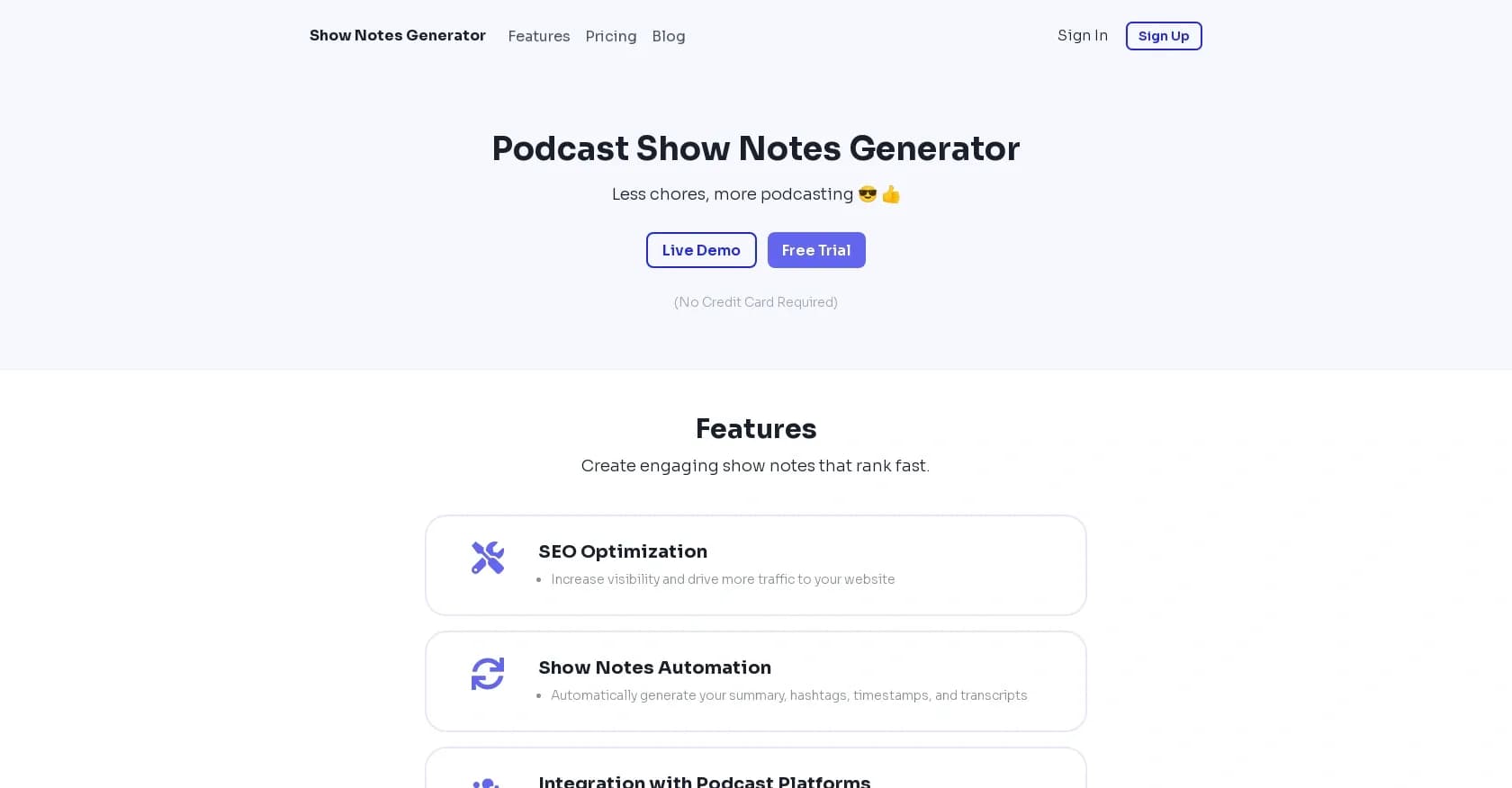 Show Notes Generator homepage screenshot — Automate podcast show notes with AI