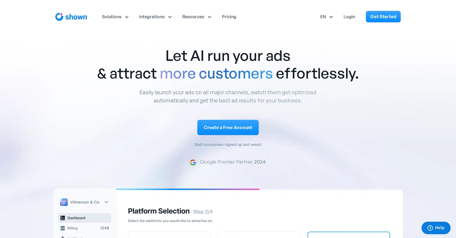 Shown.io homepage screenshot — AI-powered ad optimization for higher ROI