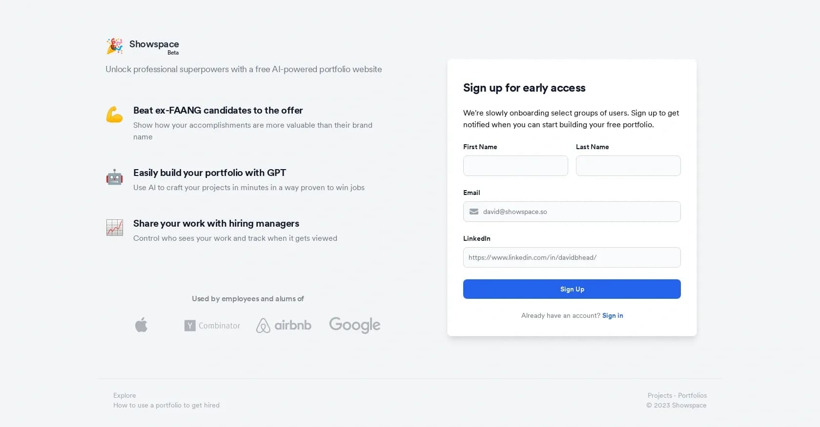 Showspace homepage screenshot — Create an AI-powered portfolio to outshine top candidates