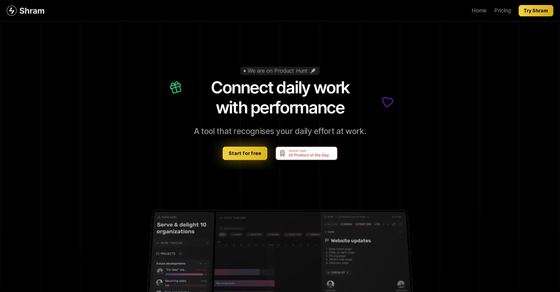 Shram homepage screenshot — Connect daily work with performance
