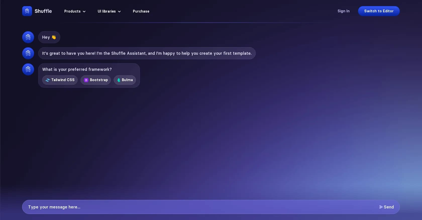 Shuffle homepage screenshot — Create stunning website templates with AI-driven chat.