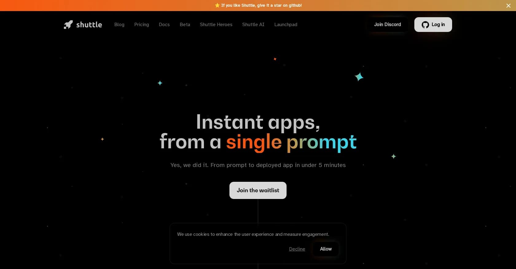 Shuttle homepage screenshot — Deploy apps instantly from a single prompt.