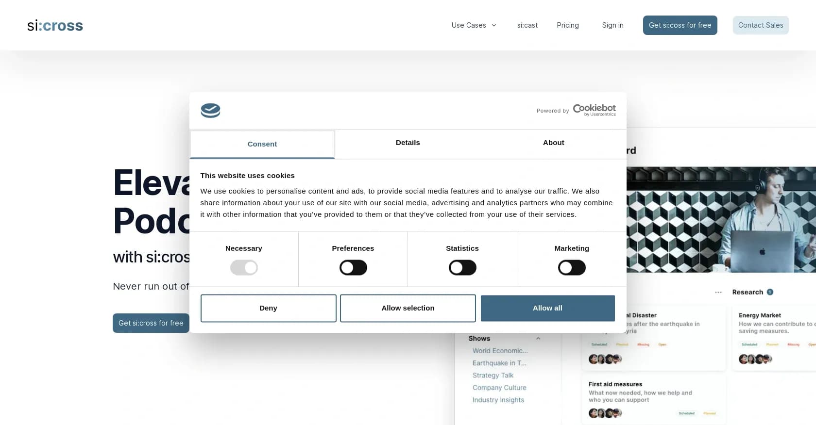 Sicross homepage screenshot — Your internal podcast solution