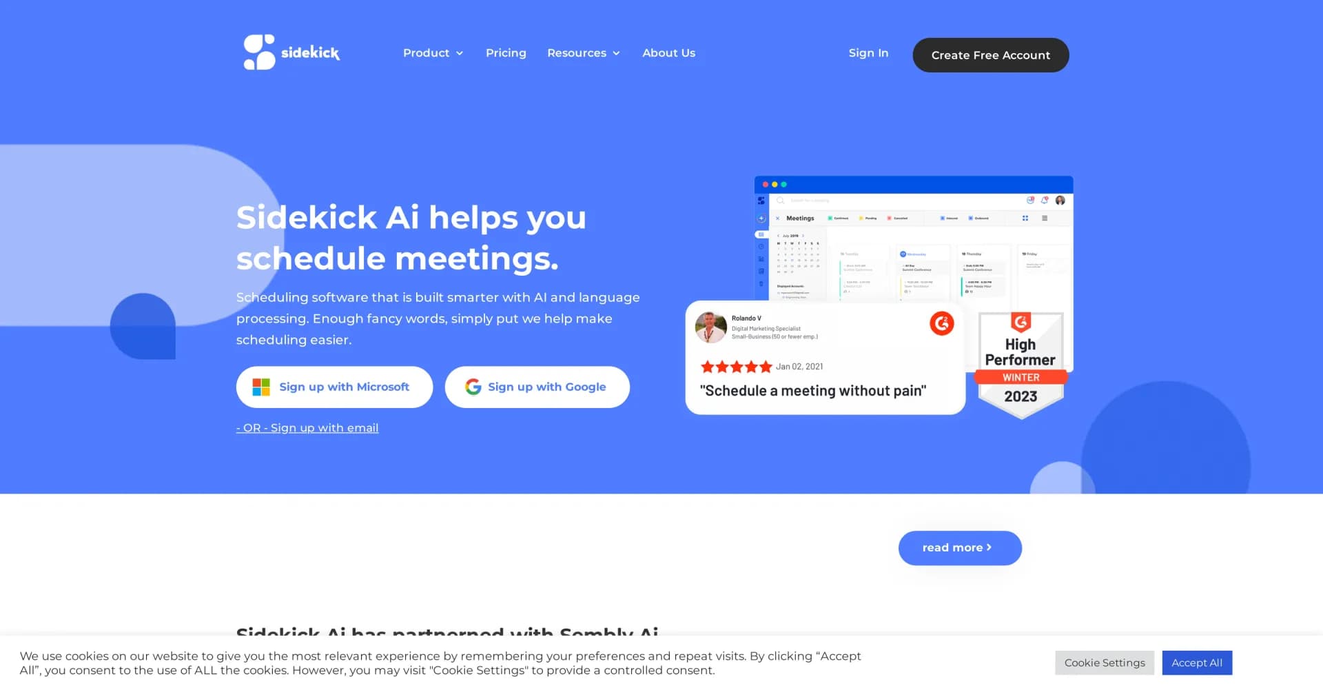 Sidekick.com homepage screenshot — AI-powered meeting scheduler for seamless booking