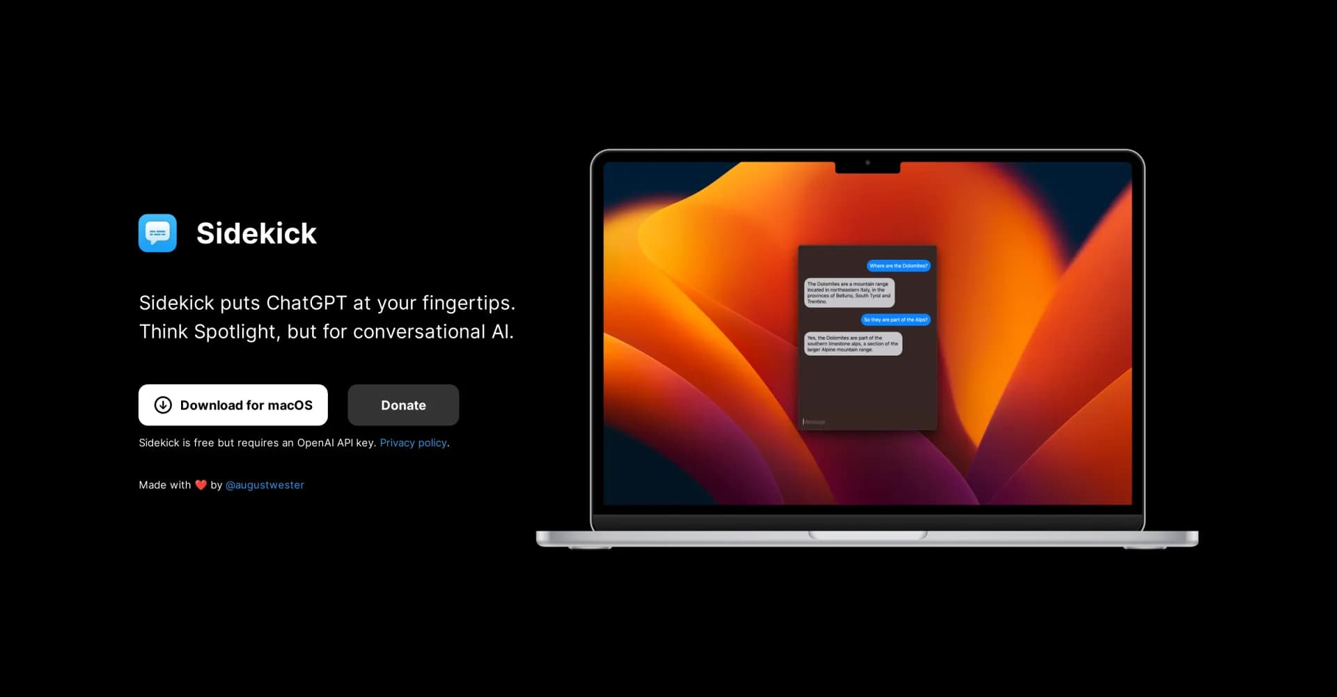 Sidekiiick homepage screenshot — ChatGPT at your fingertips: Spotlight for conversational AI