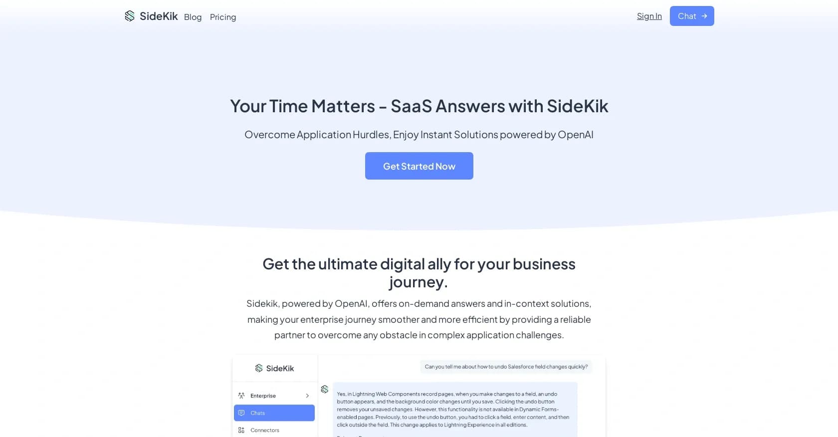 SideKik homepage screenshot — Get instant AI solutions for complex business applications