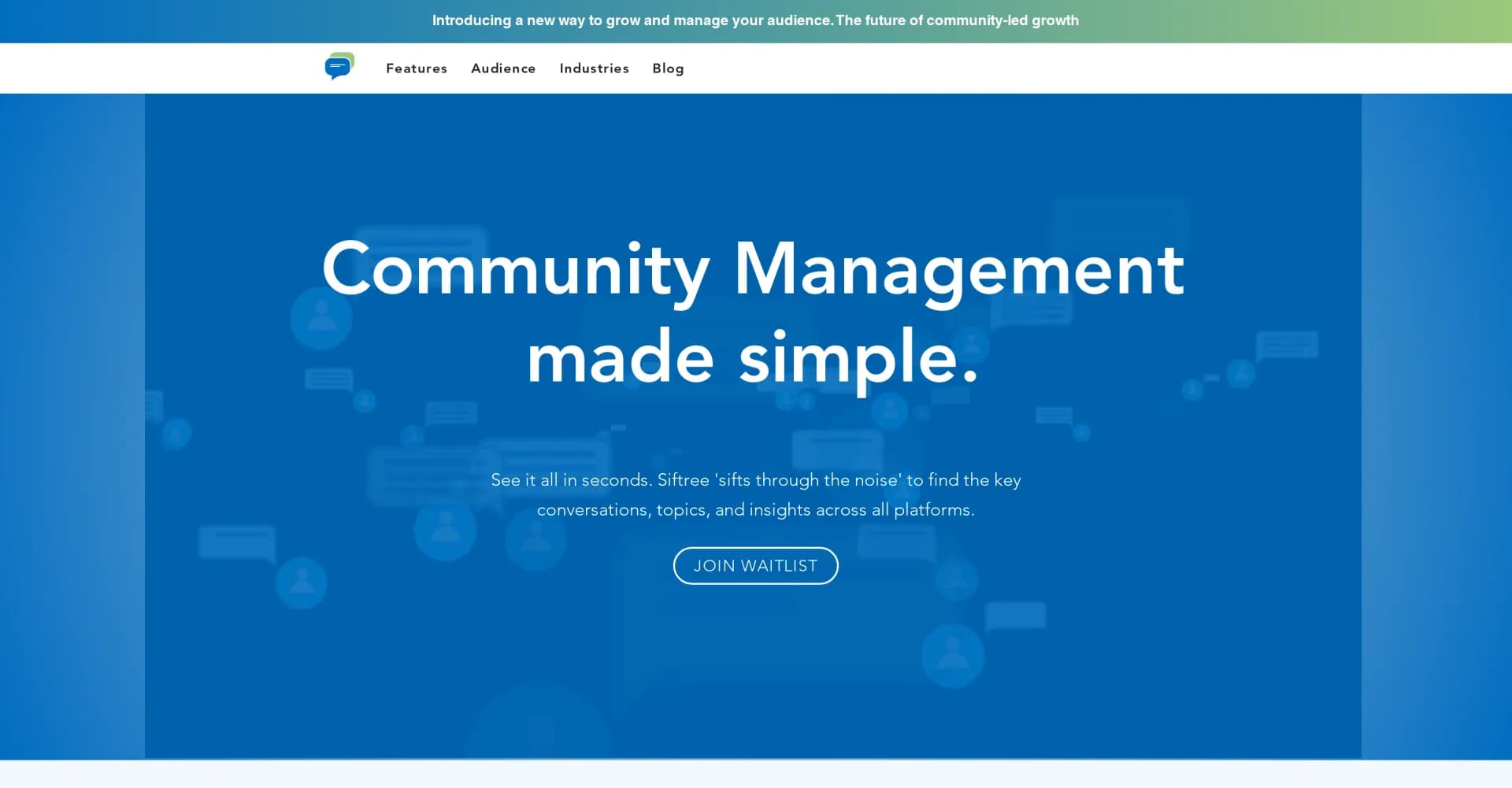 Siftree homepage screenshot — Sift through noise to find key community insights.