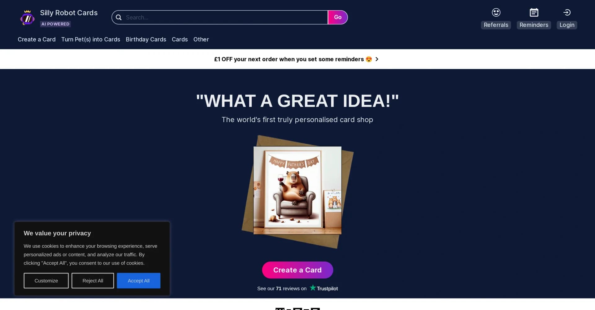 Silly Robot Cards homepage screenshot — Create personalised greetings cards for any occasion.