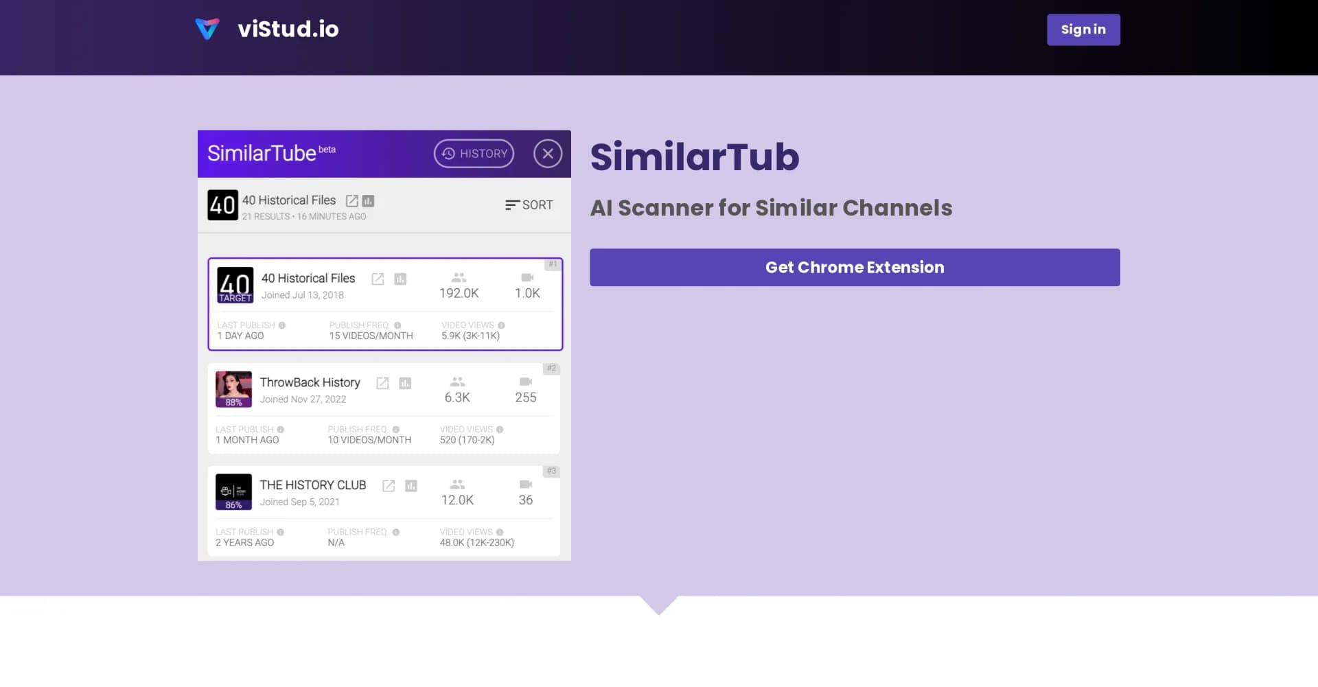 SimilarTube homepage screenshot — AI scanner for similar YouTube channels