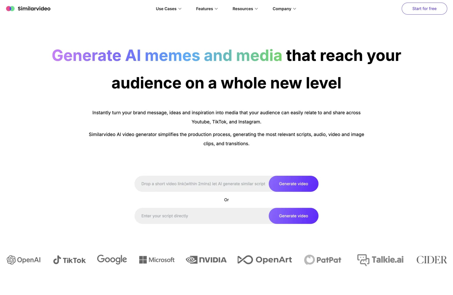 Similarvideo homepage screenshot — Create marketing videos 10x faster with AI.