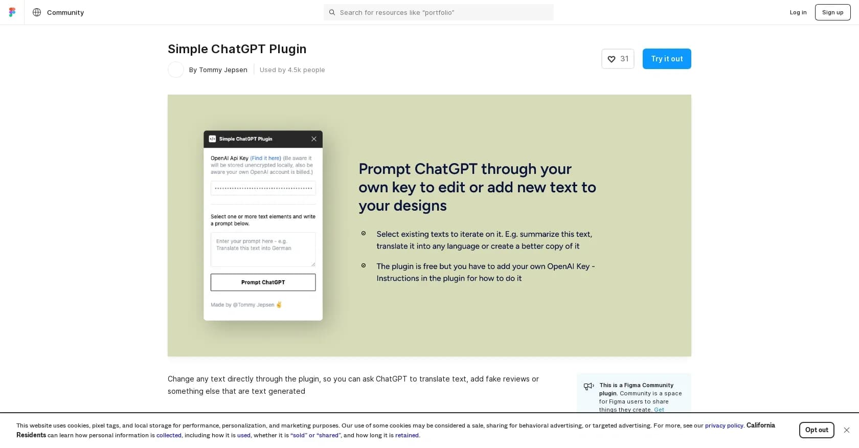 Simple ChatGPT Plugin homepage screenshot — Change text directly with ChatGPT-powered plugin