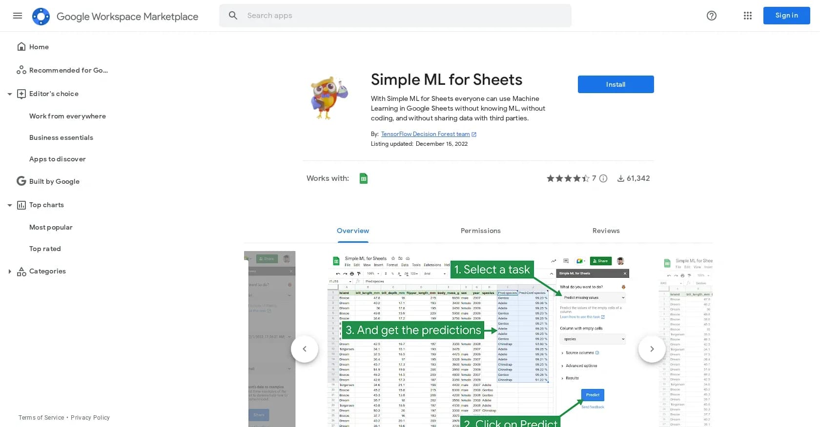 Simple ML homepage screenshot — Machine Learning in Google Sheets without coding.